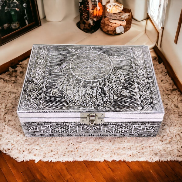 Silver-Clad Dreamcatcher Tribal Jewelry Box Keepsake Decor Crystal Storage Handmade