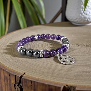 Amethyst Pentacle Charm Hematite Bracelet Jewelry Handmade Stretchy Rhinestone Beaded