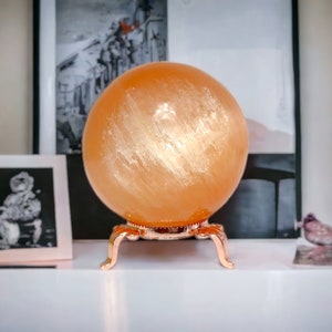 Orange Selenite Sphere 3&quot; Crystal Ball Mineral Decor Specimen Rocks - Stand Included