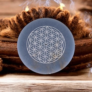 Blue Angelite Crystal Incense Burner &quot;Flower of Life&quot; Polished Stone Holder Decor