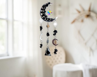 Black Obsidian Sun and Moon Suncatcher, Handmade Boho Wall Decor