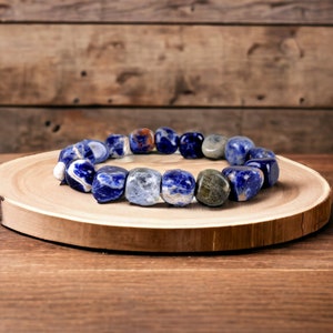 Blue Sodalite Bracelet Tumbled Stone Jewelry Stretch Polished Crystal Handmade