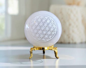 Esfera de selenita Flor de la Vida • Bola de cristal grabada, decoración de geometría sagrada