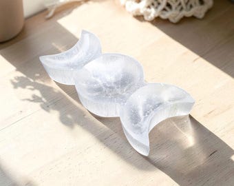 Triple Moon Selenite Charging Bowl • Hand-Carved Crystal Dish for Altar