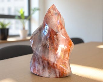 Red Fire Quartz Flame: Polished Hematoid Crystal Statue, 5" Tall
