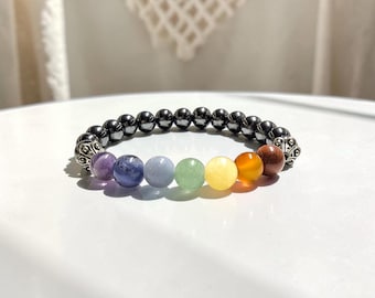 Hämatit 7 Chakra Perlenarmband • 8 mm Edelstein Energieheilungsschmuck