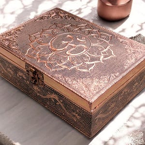 Jewelry Box Lotus Om Handmade in Copper-Plate Symbol Keepsake Trinket Home Decor Crystal Storage