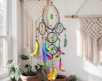 Atrapasueños arcoíris para colgar en la pared: gran decoración bohemia con plumas y cuentas, arte infantil colorido