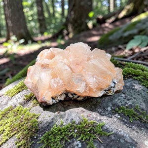 Op de afbeelding: Een cluster van perzik-gekleurde kristalformaties rust op een grijze rots bedekt met groen mos. De kristallen hebben een gelaagde uitstraling, met een ruw, getextureerd oppervlak. De achtergrond toont een vage bosscène.
