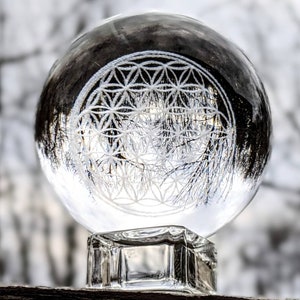 Flower Of Life Clear Crystal Ball Etched Glass Sphere Home Decor Stand Included