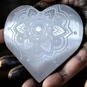 Lotus Mandala Etched Selenite Polished Puffy Heart Crystal Decor Satin Spar Pocket Stone