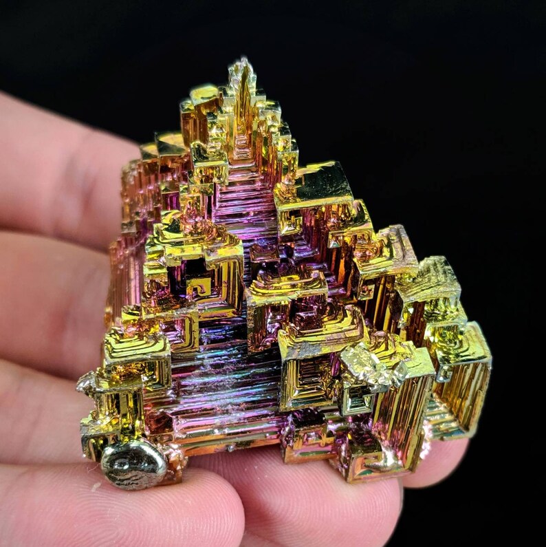 One 1 XL Pink & Gold Bismuth Crystal Display Mineral image 0