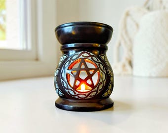 Schwarzer Speckstein Pentakel Ölbrenner • Handgeschnitzter Aroma Diffuser • Hexenhaftes Wohndekor • Teelicht inklusive
