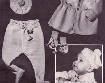 Vintage 4 piece Knit Pattern Coat Leggings Beret Mitts Gifts Baby Showers Christmas Christening Birthday PDF Digital Download