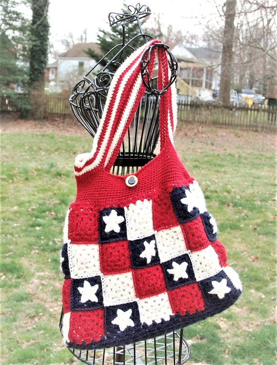 Crochet Summer Purse Red White Blue Purse Boho Bag Stars 