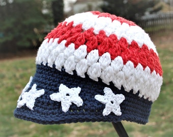 Crochet Summer Cotton Hat, Crochet Hat, Red White Blue, Stars & Stripes Hat, Boho Hat, Gift for Her READY TO SHIP