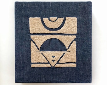 Blush on Denim 1, Framed, Hand-Stitched Embroidery