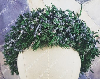 Renaissance, Blueberry Juniper Crown, Forest Crown, Woodland Crown, Goddess Crown, Hair Wreath, Dried Flower Crown, Winter Wedding Crown