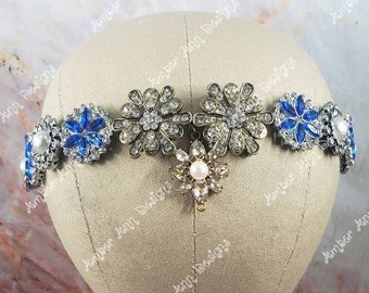 Blue Jeweled Headband, Art Deco Headband, Forehead Crown, Gothic Headband, Large Bridal Headpiece, Bridal Hair Piece, Embellished Headband