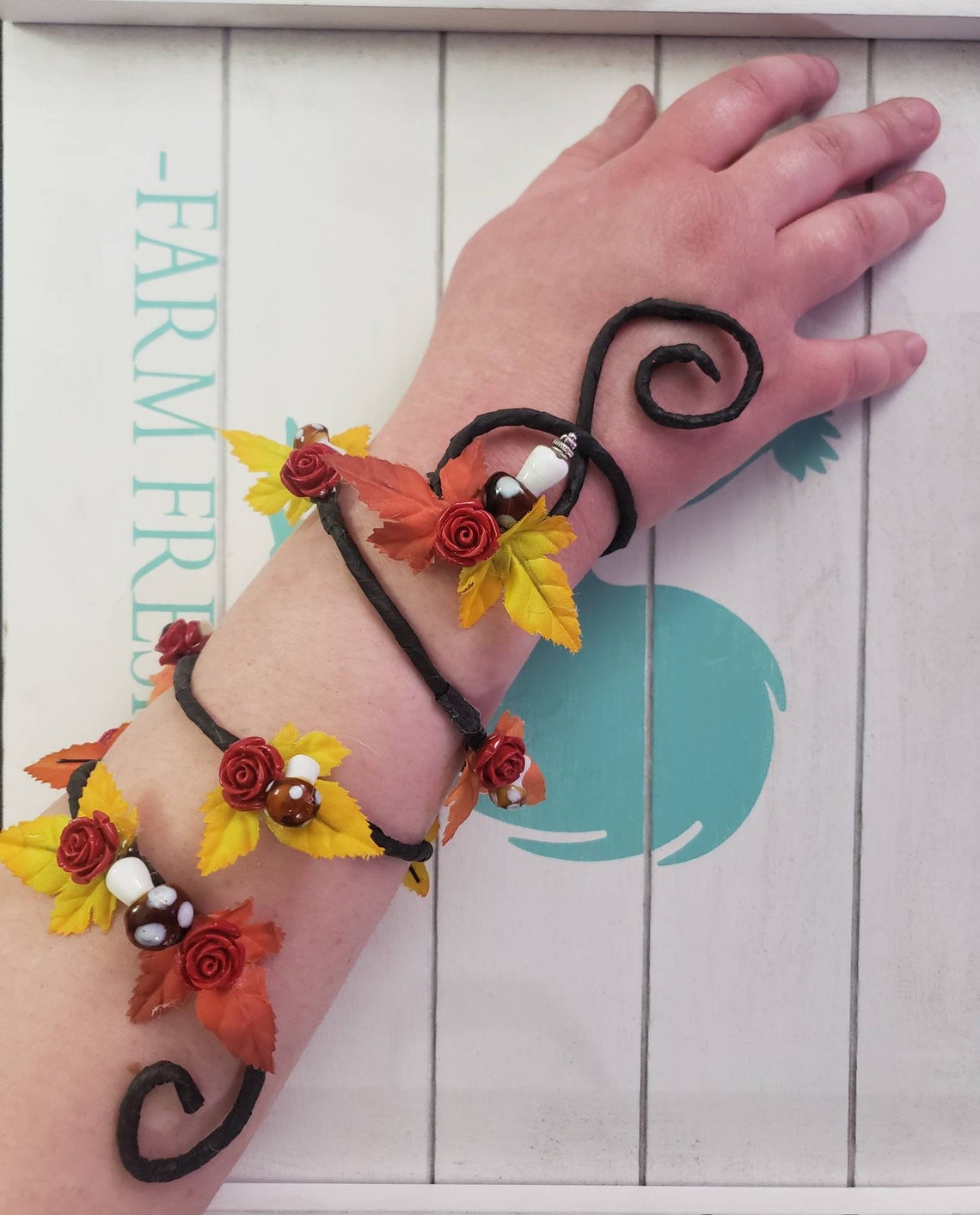 Red Rose Mushroom Flower Arm Wrap Fairy Arm Cuff Fall Leaf Etsy