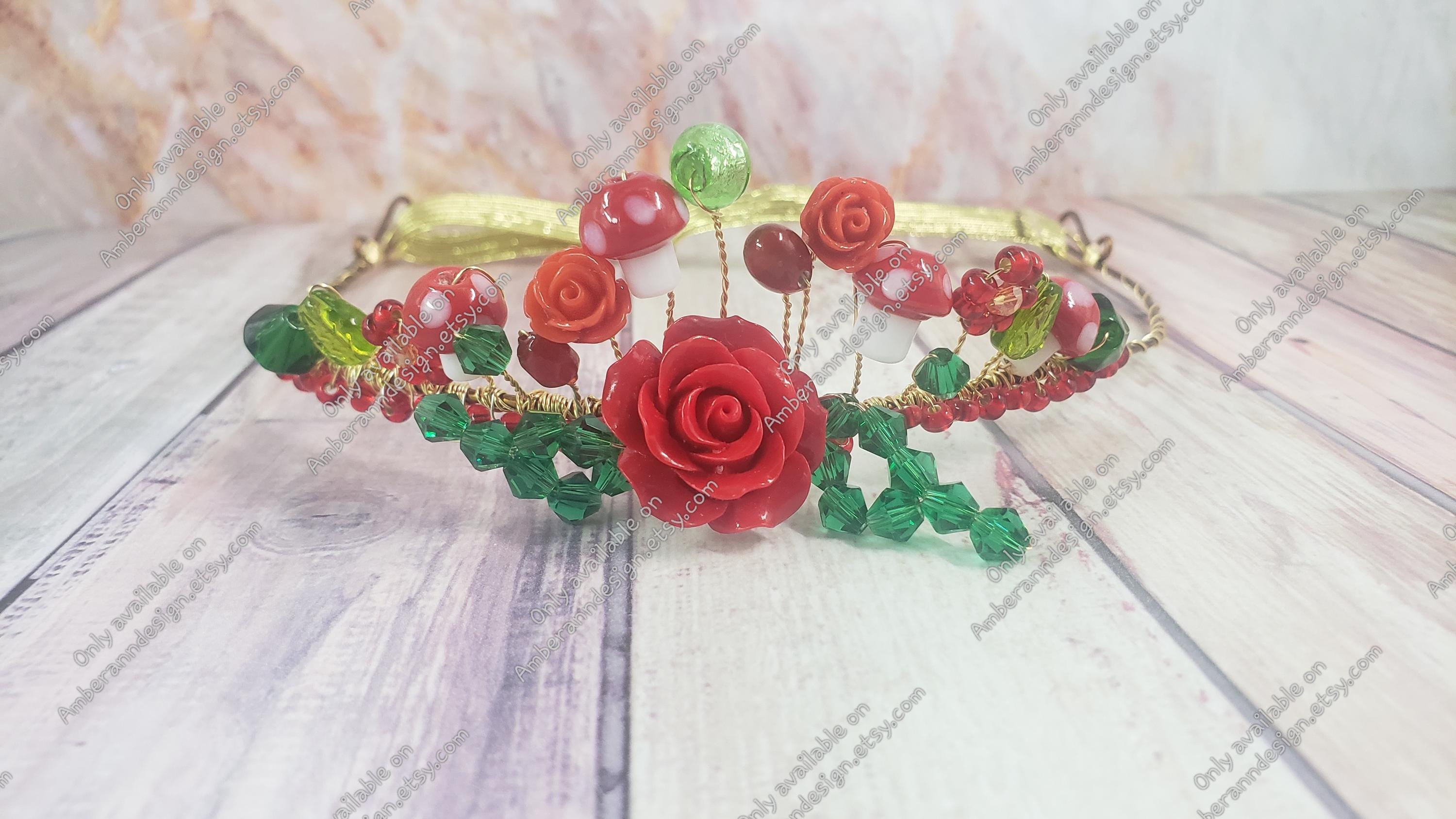One Of A Kind Woodland Mushroom Tiara w/ Red & Green Floral Accents Mushroom Tiara - Etsy main image 3