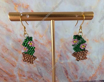 Cactus Dangle Earrings with Pink Flowers