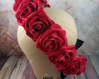 Red Rose Flower Crown, Bridal Headpiece with Black Ribbon Ties