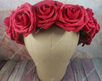 Red Rose Head Wreath, Red Rose Crown, Red Rose Flower Crown, Red Flower Crown, Goddess Crown, Flower Girl Crown, Rave Crown, Faerie Crown