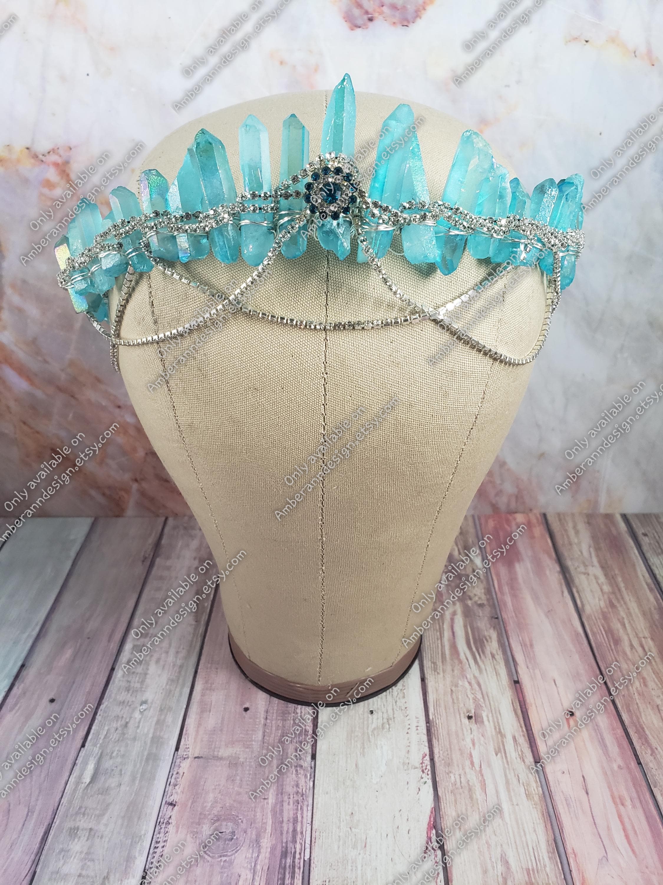Aqua Aura Quartz Crystal Crown - Raw Gemstone Tiara 
