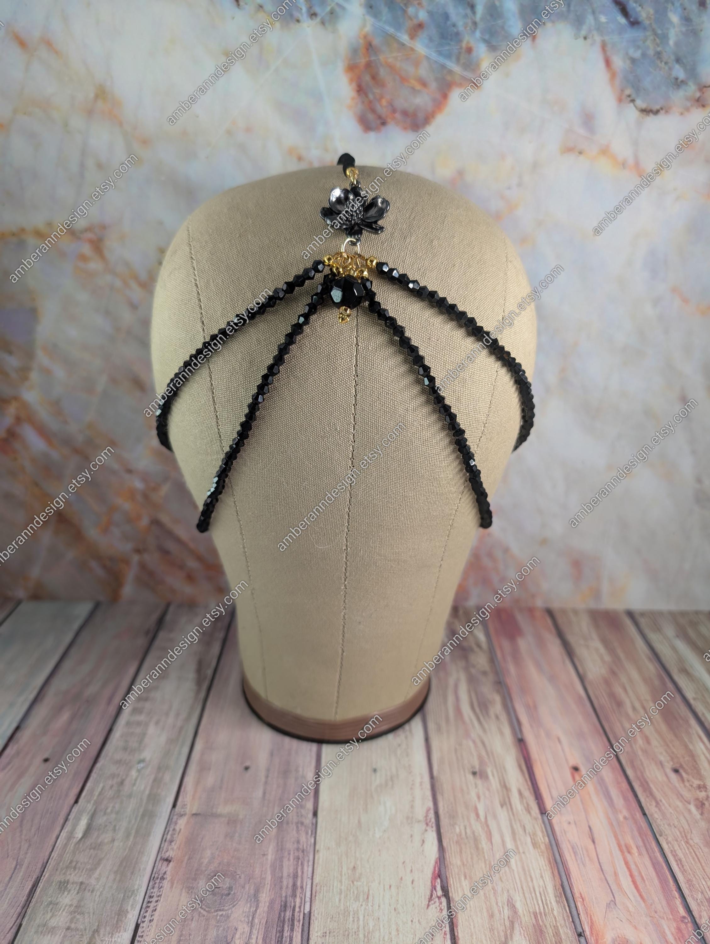 Black Victorian Crystal Headpiece, Gatsby Beaded Heapiece, Black Flapper Headpiece, Gothic Bridal Headpiece, Gothic Wedding Headpiece, 1920s