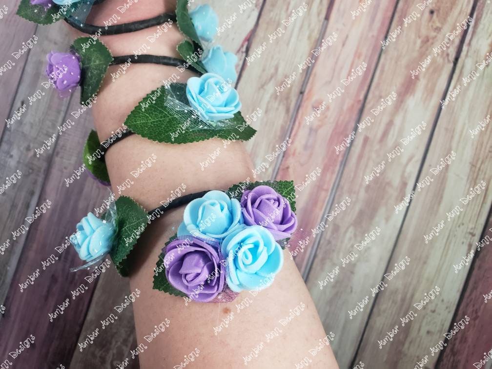Blue Purple Rose Cuff, Flower Arm Wrap, Fairy Arm Cuff, Vine Arm Cuff