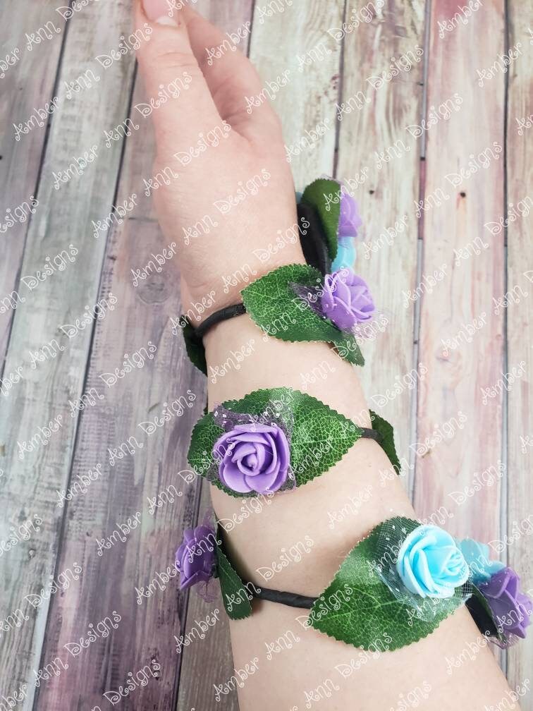 Blue Purple Rose Cuff, Flower Arm Wrap, Fairy Arm Cuff, Vine Arm Cuff