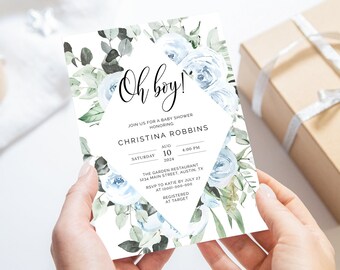 May include: A baby shower invitation with blue and green watercolor flowers. The invitation reads "Oh boy!" and includes the details for Christina Robbins' baby shower.