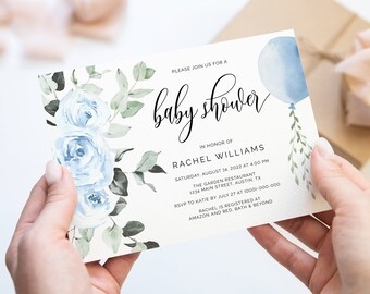 May include: A blue and white baby shower invitation with a watercolor floral design and a blue balloon. The invitation includes the text "Please join us for a baby shower" and the name "Rachel Williams".