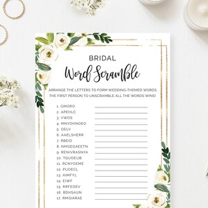 Bridal Word Scramble, Bridal Shower Game, Printable Wedding Shower Game, White Floral, Digital File, BR002