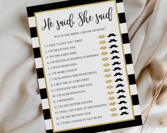 He Said She Said Bridal Shower Game, Guess Who, Bride or Groom, Wedding Shower, Couples Shower, Black and White, Gold, Digital File, BR031