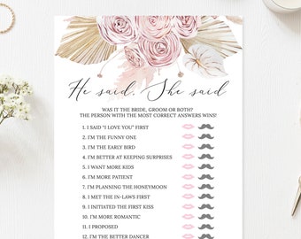 May include: A printable "He Said, She Said" bridal shower game with a pink and brown floral design. The game features 15 questions about the bride and groom, with a space for guests to mark their answers.