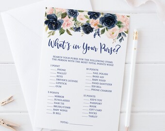 What's In Your Purse Game, Baby Shower Game, Fun Game, Printable Game, Floral Navy Blue and Blush Pink, Digital File, BA022