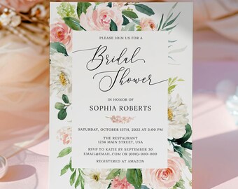 Floral Bridal Shower Invitation, Bridal Shower Invite, Pink Flowers, Greenery, Printable Wedding Shower Invite, Bridal Brunch, BR029