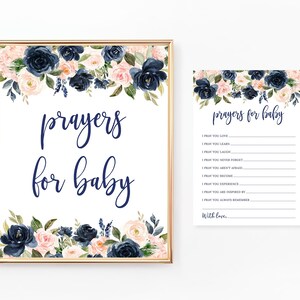 Gebeden voor babybord en kaarten, afdrukbaar spel, goede wensen voor baby, babyshoweractiviteiten, bloemen marineblauw en blozen roze, BA022