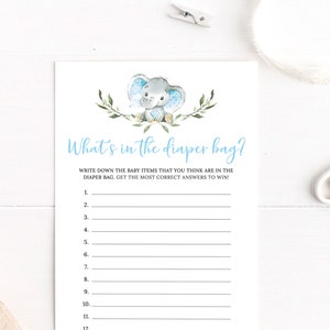 Baby Shower Diaper Bag Game, Guess What&#39;s In The Diaper Bag, Baby Shower Activities, Printable Game, Blue, Elephant, Digital File, BA059