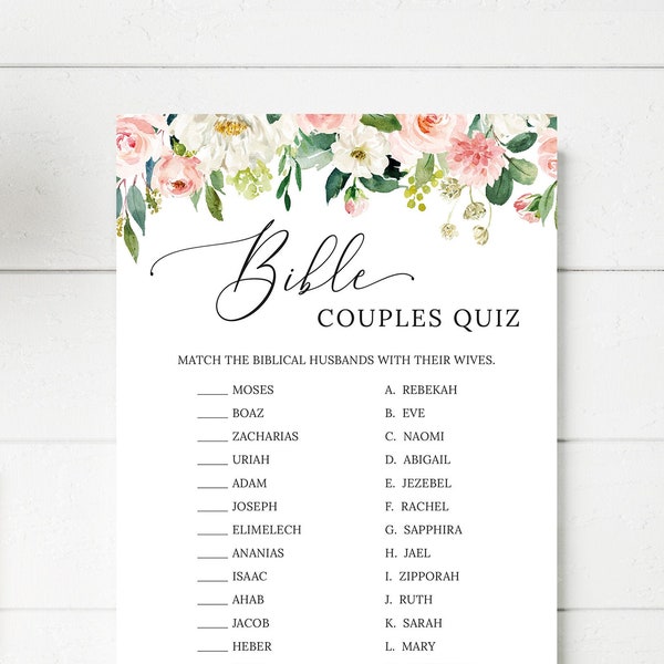 Bible Couples Quiz, Biblical Couples Game, Bridal Shower, Floral Wedding Shower, Couples Shower, Blush and Pink Flowers, Digital File, BR029