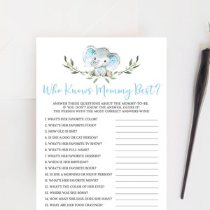 Chi conosce la mamma miglior gioco, Gioco Baby Shower, Chi conosce la mamma migliore, Gioco stampabile, Blu, Elefante, File digitale, BA059