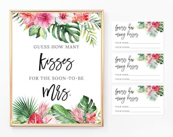 Tropical Kisses for the Soon to be Mrs Printable Sign and Cards, How Many Kisses Are in the Jar, Bridal Shower, Hawaiian, Greenery, BR025