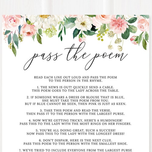 Pass the Poem Bridal Shower Game Floral Bridal Shower - Etsy