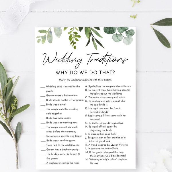 Wedding Traditions Guessing Game, Why Do We Do That? Bridal Shower Game, Wedding Shower, Greenery, Foliage, Leaves, Digital File WE032 BR032