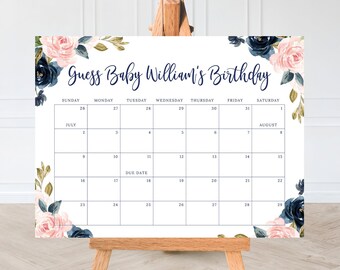 Raten Sie den Geburtstag Ihres Babys, druckbarer Baby-Fälligkeitskalender, Raten Sie das Geburtsdatum des Babys, Babyparty, Marineblau und Blush Pink, digitale Datei BA022