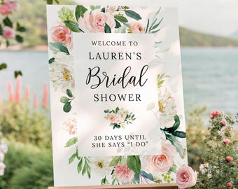 Welkomstbord met bloemen vrijgezellenfeest | Afdrukbaar | Huwelijksdouche, bruidsbrunch, vrijgezellenfeest | Blozende en roze bloemen, groen | BR061