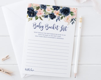 Baby-Bucket-List-Spiel, Babyparty-Spiel, Bucket-List für das erste Jahr, florales Marineblau und Blush Pink, Blumen, digitale Datei, BA022