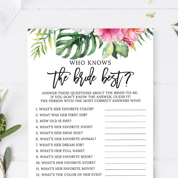 Tropical Who Knows the Bride Best, How Well Do You Know the Bride, Bridal Shower Game, Floral Wedding Shower, Pink Flowers, Hawaiian, BR025